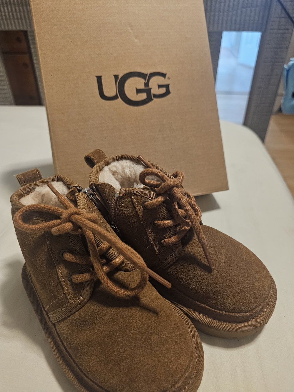 UGG Kids Chestnut Brown Suede Lace-Up Shearling Boots